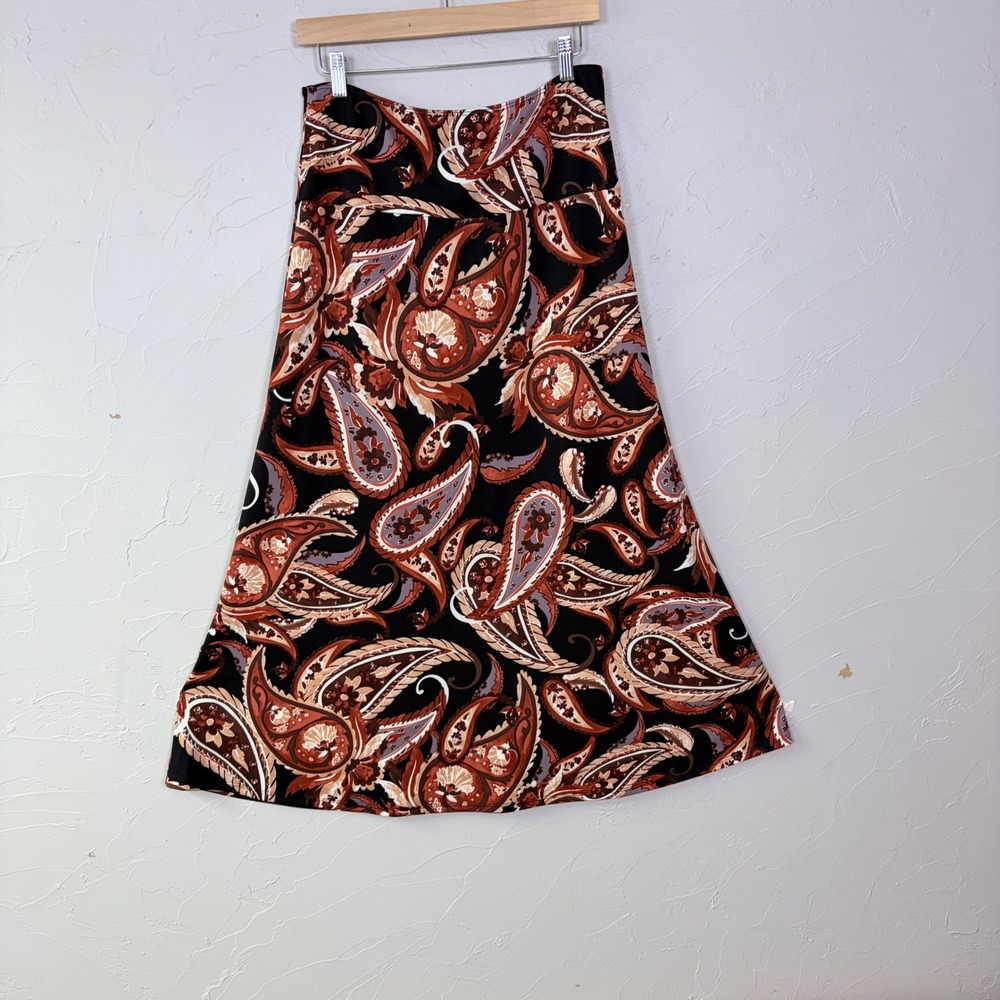 Boho Paisley Brown Maxi Skirt Womens Large‎ Floral Comfort Jersey Knit Stretch